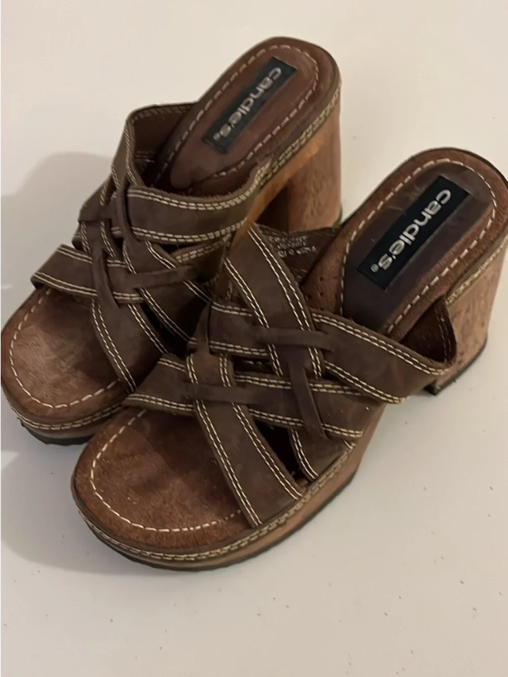 Y2K Candie's Brown Woven Crossover Heeled platform Mules size 5.5 Women’s - Picture 3 of 9